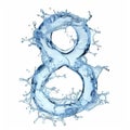 Light blue water drops in the shape of the number 8 on a white background close-up. Number 8 made from water splashes. Royalty Free Stock Photo