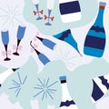 Light blue with whimsical celebration champagne bottle and drinking glass seamless pattern background design. Royalty Free Stock Photo