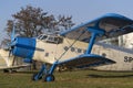 Light blue and white biplane