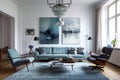 Light blue and white minimalistic stylish living room, couch and a armchair, pillows and a coffee table and a abstract