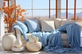 Light blue, white and orange interior with sofa, blanket and pillow, vases by the window. Copy space Royalty Free Stock Photo