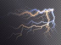 Light blue and white, yellow isolated vector lightning png. Magic light abstract lines. Realistic natural lightning Royalty Free Stock Photo