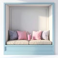 Light Blue Window Seat with Pastel Pillows and Drink in Bright Sunlight Royalty Free Stock Photo