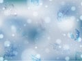 Light blue winter background with frozen leaves, lights and stars. Abstract background in light blue and white colors for card, Royalty Free Stock Photo