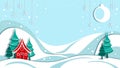 Light blue winter Christmas and New Year background with abstract landscape of Christmas tree and red house in cartoon style Royalty Free Stock Photo