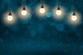 Light blue wonderful glossy glitter lights defocused bokeh abstract background with light bulbs and falling snow flakes fly, Royalty Free Stock Photo