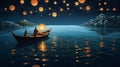 light boat night celebration water travel festival lantern river lamp. Generative AI.
