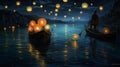 light boat travel lantern festival water lamp river celebration night. Generative AI. Royalty Free Stock Photo