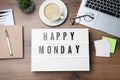 Light box with message Happy Monday, office stationery and cup of coffee on wooden desk, flat lay Royalty Free Stock Photo