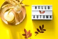 Light box words Hello Autumn on yellow background. Colorful autumn leaf, candle and dried flowers Royalty Free Stock Photo