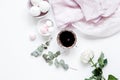 Light breakfast with marsh-mallow and coffee on white table background top view Royalty Free Stock Photo