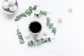 Light breakfast with marsh-mallow and coffee on white table background top view Royalty Free Stock Photo