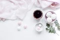 light breakfast with marsh-mallow and coffee on white table background top view Royalty Free Stock Photo