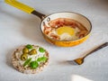 Light breakfast with scrambled eggs and bacon and curd cheese cereal sandwich Royalty Free Stock Photo