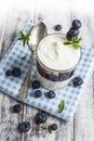 Light breakfast setup with yogurt on white wooden table