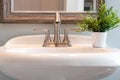 Light and bright closeup of bathroom sink with brushed nickel faucet