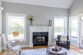 A light and bright open concept living room den with vaulted ceilings in a new construction house Royalty Free Stock Photo