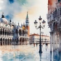 A light and Bright watercolor in muted colors, depicting the beautiful Piazza San Marco in Venice (Italy, Veneto)
