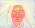 Light bright woman girl portrait. Symbol of spirituality, spiritual awakening, mindfulness, meditation and healing. The third eye