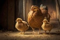 Light brown chicken walks with its chicks along fence