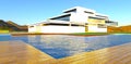 Light brown decking around the pool near the advanced property recently constructed in the sunny mountains. 3d rendering