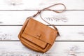Light brown leather satchel with handle.