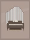 Light brown postcard with small room organ wooden brown and gray with two keyboards for hands and pages with notes