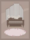 Brown postcard with small room organ wooden brown and gray with two keyboards for hands, pages with notes and pink floral oval for