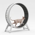 Sphynx Cat Walking on a White Cat Wheel Against White Background hairless cat animal Royalty Free Stock Photo