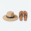 A light brown straw hat with a black band sits beside a pair of Royalty Free Stock Photo