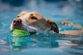 Head shot of dog swimming in water with yellow ball Royalty Free Stock Photo