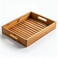 Elegant light brown wood tray with parallel slats providing a modern aesthetic on white background Royalty Free Stock Photo
