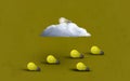 Light bulb above a floating cloud with yellow light lamp underground, creative idea, leadership, different vision concept. 3D