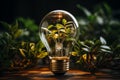 light bulb against nature on green leaf with energy sources, Sustainable developmen and responsible environmental, AI generate