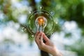 Light bulb against nature icons, idea solar energy in nature, hand holding light bulb concept Royalty Free Stock Photo