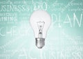 Light bulb against turqouise background with business chalk words written Royalty Free Stock Photo