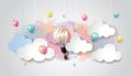 Light bulb balloon on colorful watercolor sky and cloud background, Business startup concept, paper cut design style, vector illus Royalty Free Stock Photo