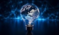 A light bulb with a blue world map. concept of green renewable sources Royalty Free Stock Photo