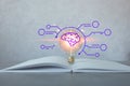 Light bulb on book with brain icon and empty diagram. Concept of education. Creativity knowledge Royalty Free Stock Photo