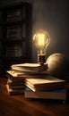 Light bulb and books on the desk education and reading concept Royalty Free Stock Photo