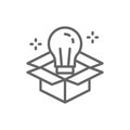 Light bulb in box, innovation, creative idea line icon.