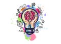 Light bulb with brain and drawing business strategy plan Royalty Free Stock Photo