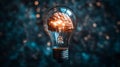 Light bulb with brain inside on blurred background, innovative thinking concept Royalty Free Stock Photo