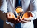A light bulb with a brain inside a businessman\'s hands. Royalty Free Stock Photo