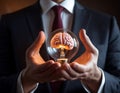A light bulb with a brain inside a businessman\'s hands. Royalty Free Stock Photo