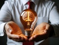 A light bulb with a brain inside a businessman\'s hands. Royalty Free Stock Photo