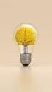 Light bulb with a brain inside illuminated on yellow background. Innovation concept