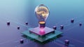 Light bulb with brain inside on a cpu with circuit lines and cubes on a blue gradient background Royalty Free Stock Photo