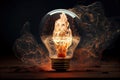 Light bulb, burning fire, campfire, green energy / idea or concept of energy and environment Royalty Free Stock Photo