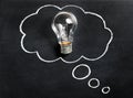 Light bulb on chalkboard. Thinking of new great idea. Brainstorming and creating. Creativity, innovation, inspiration. Royalty Free Stock Photo